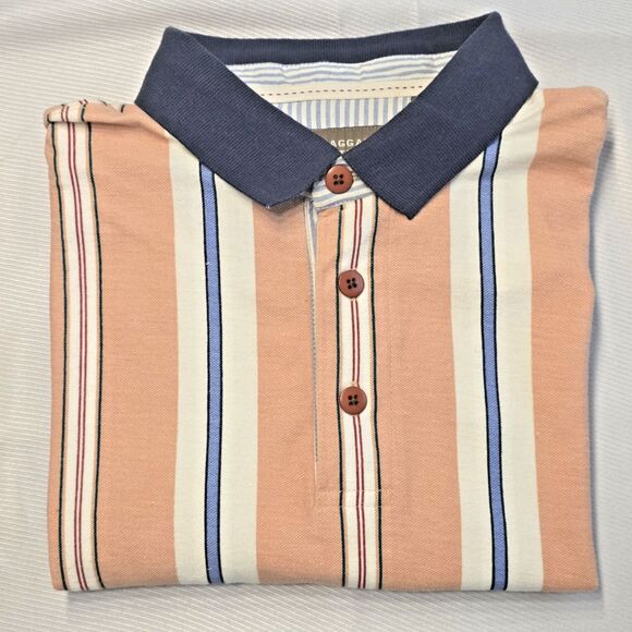 Haggar Polo Shirt L BNWT PEACH Blue Red White Stripe 100% Cotton Collared Polo - Picture 1 of 8